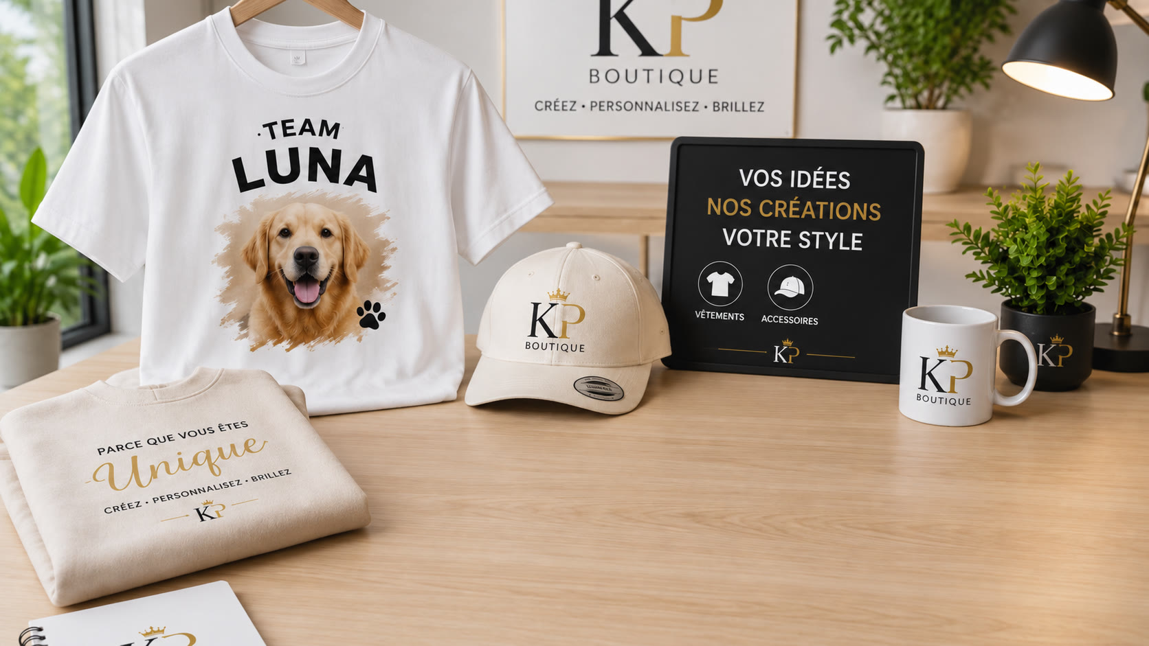 Créations personnalisées KP Boutique : vêtements, casquette et mug